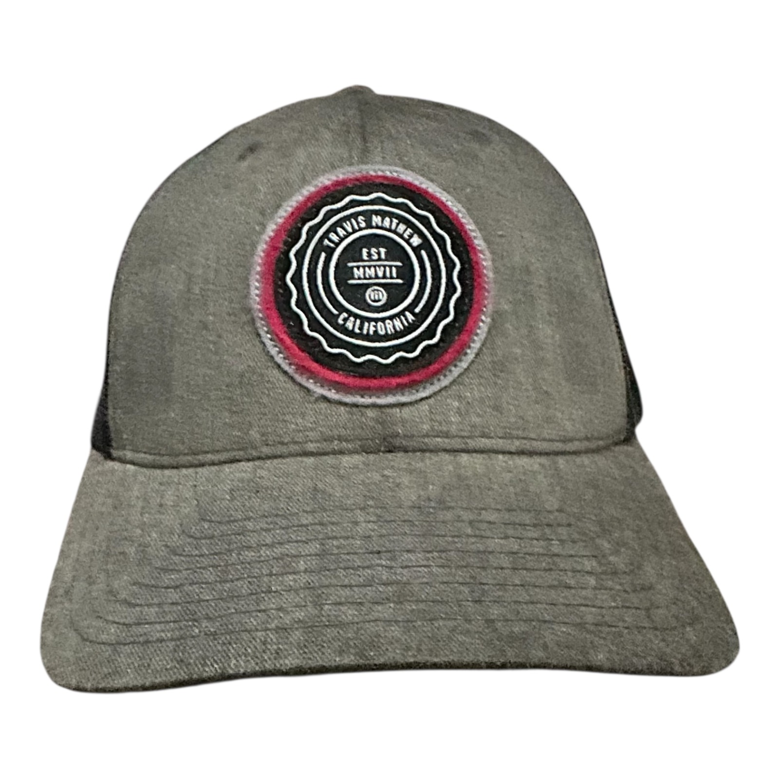 Travismathew Mens Gray California Est Mmvii Patch Mesh Trucker Hat Snapback
